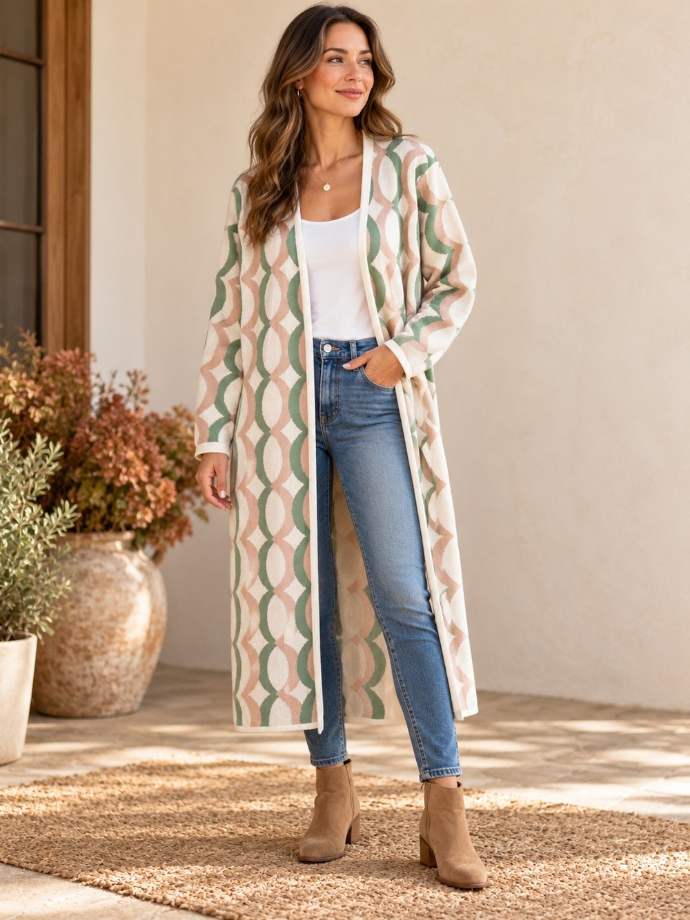 Cato Geometric Duster Cardigan Long Open Front Sweater Size L NWT Green Tan Boho